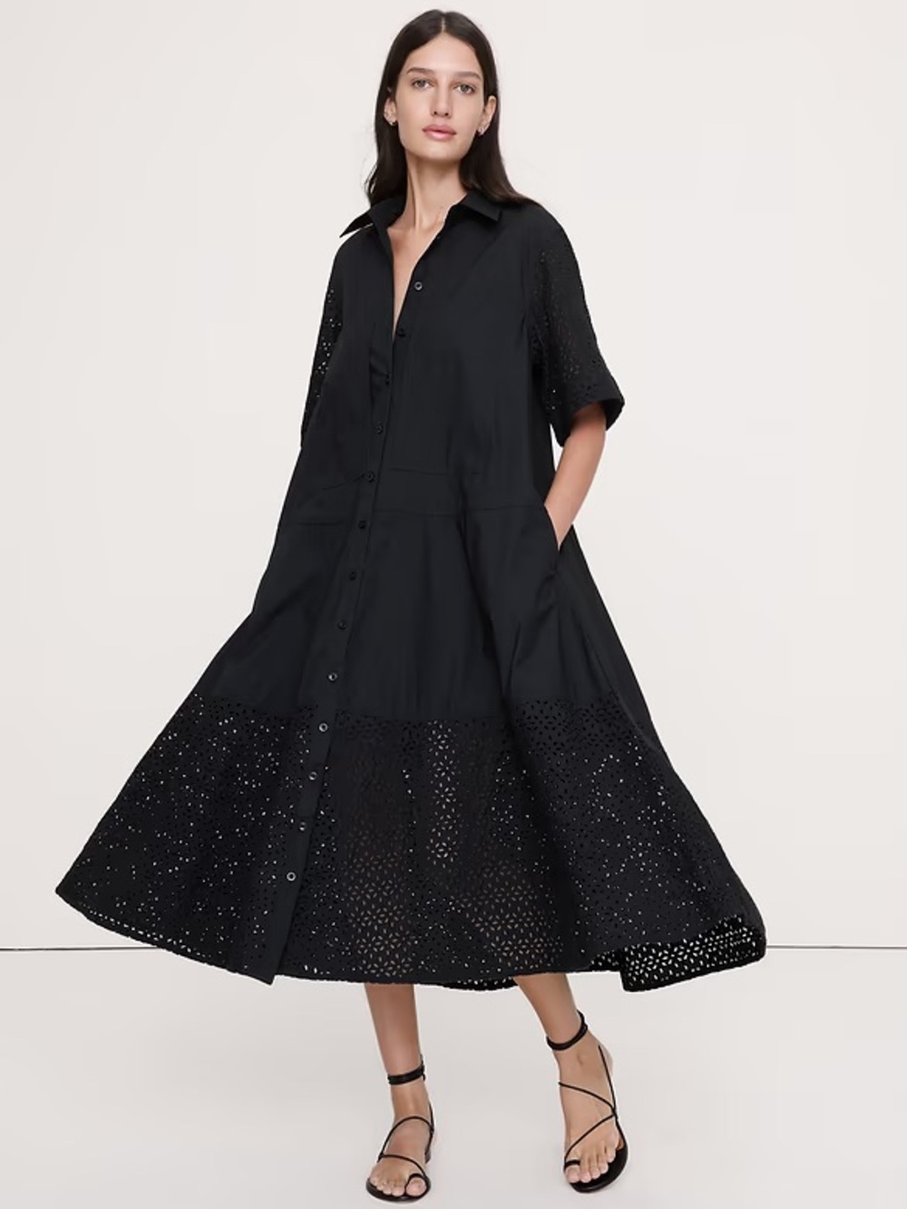 NWT! BANANA REPUBLIC BLACK EYELET TRAPEZE MAXI SHIRT DRESS - MULTIPLE